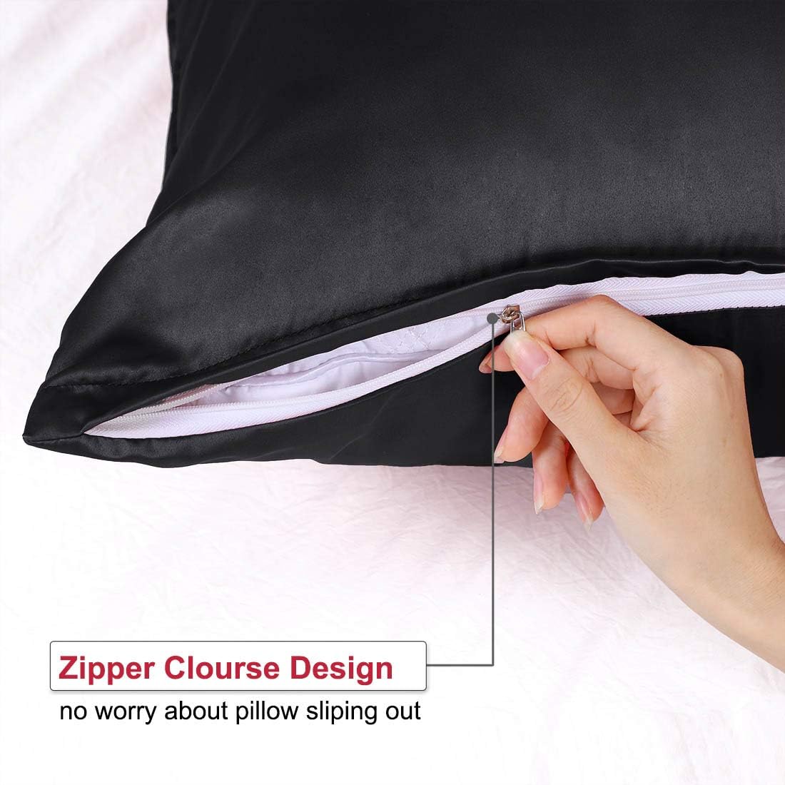 uxcell Standard Satin Pillowcase with Zipper, Super Soft and Luxury, Silky Pillow Cases Covers Set of 2, 21"x27", Black
