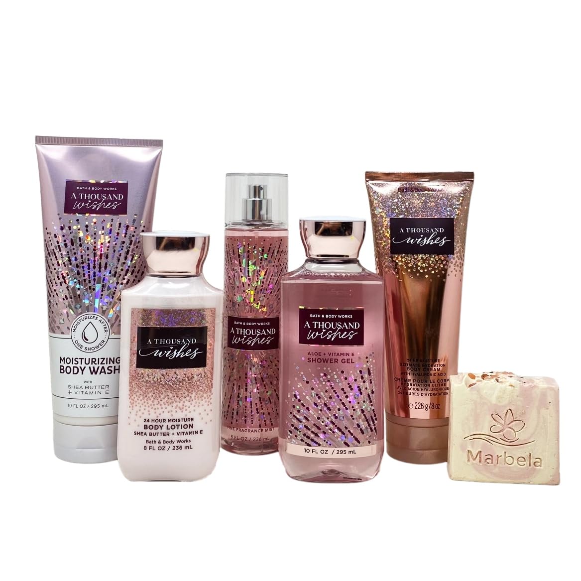 Bath & Body Works A Thousand Wishes Value Pack - Moisturizing Body Wash - Fragrance Mist - Body Cream - Shower Gel - Body Lotion - with a Himalayan Salts Springs Bar Soap - Full Size