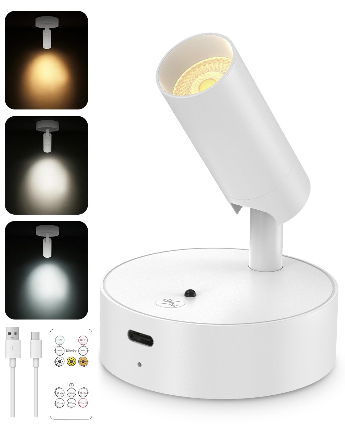 GOODEA Kabellose Spotlight Aufladbar Wandstrahler Innen mit 3000mAh Akku, 3 Farben Dimmbar Wandspot mit Timing Fernbedienung, Weiß Akku Wandleuchte für Bilderbeleuchtung Pflanzenbeleuchtung [1er Set]