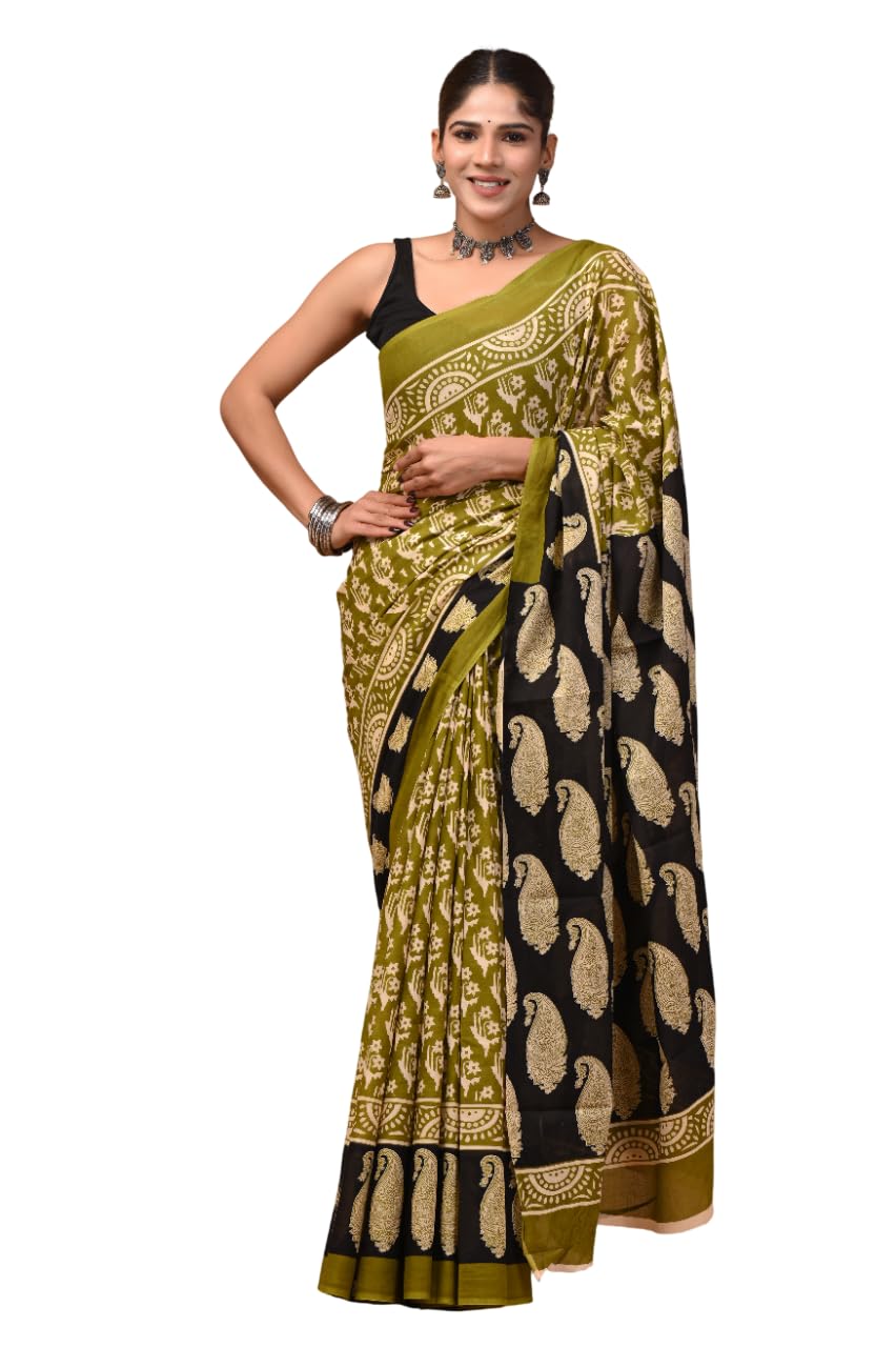 Women's Mulmul Cotton Printed Saree Green & Black Soft Lightweight Traditional Saree Ethnic Wear with Blouse Piece-picture-39