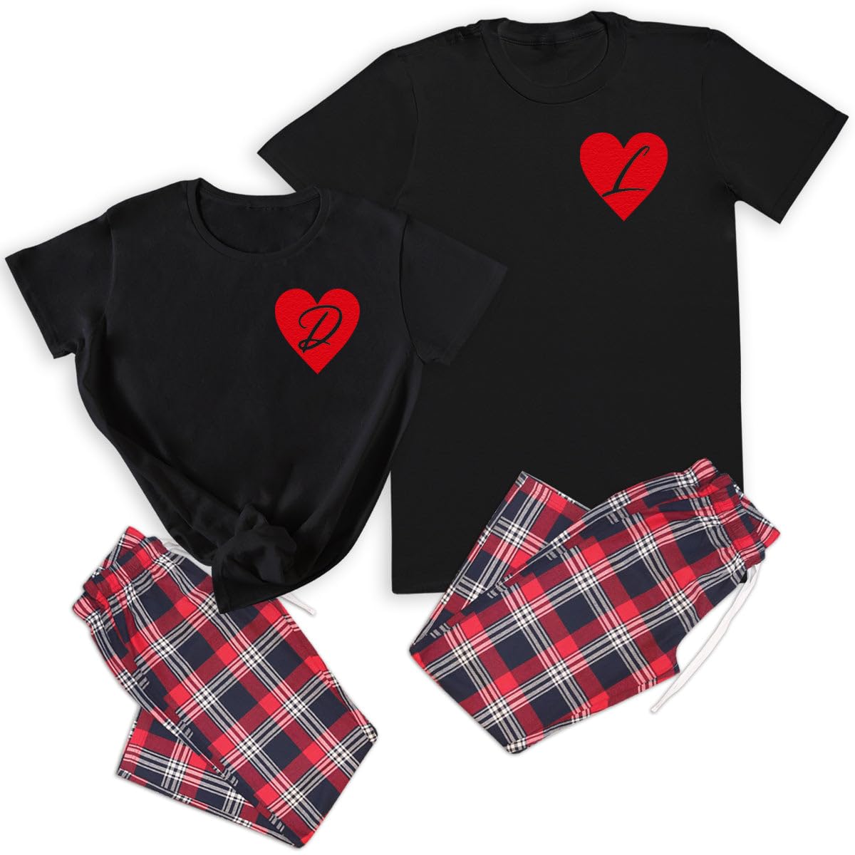 The Gift Project Unisex Black Personalised Initial & Heart - Couples Matching Pyjamas - Top & Tartan Pj Bottoms - (Sold Separately)