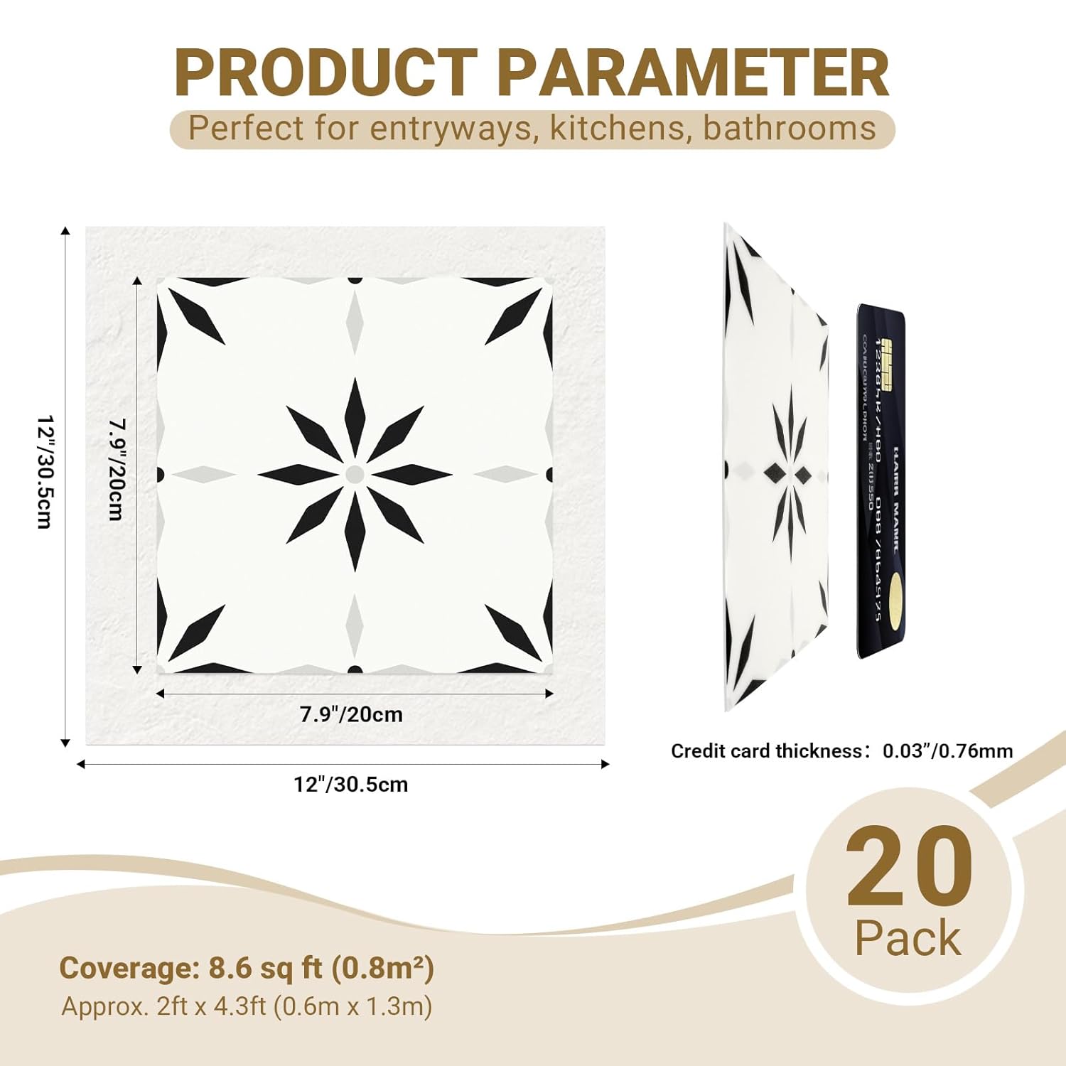 20-Pack Peel and Stick Floor Tile, 7.9”x7.9” Vinyl Flooring for Bathroom Kitchen, Waterproof Non-Slip Durable Self-Adhesive Easy DIY Removable No Residue Black White Gray