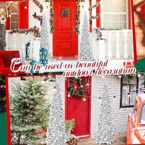 Leyndo IFS-LEYNDO-688 2 Pcs 5 Ft Collapsible Artificial Christmas Tree Pencil Pop Up Christmas Tree Tinsel Skinny Silver Sequined Christmas Tree thumb #4