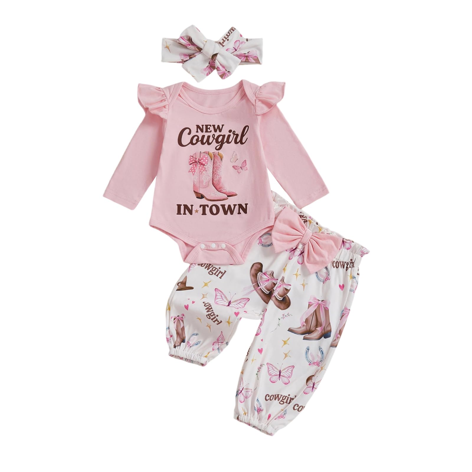 My First Rodeo Baby Girl Outfit Newborn Romper Pants Set | Infant Cowgirl Western Clothes Long Sleeve Romper Bell Bottom Pants 3Pcs Set 6-9 Months Pink-cowgirl