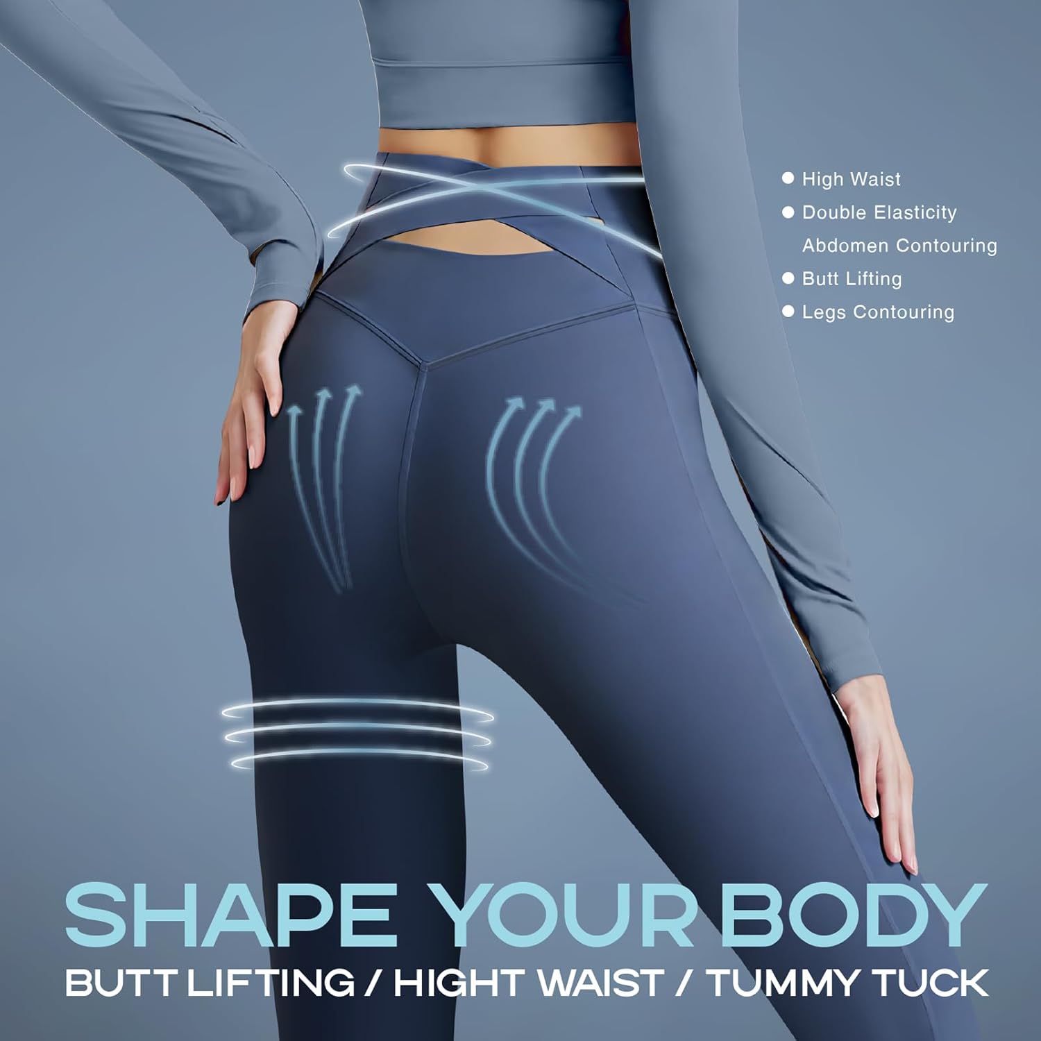 EXE High Waist Pants for Women Crossover Back Workout Blue Yoga Leggings Tummy Control for Running Pilates Active Tight - Image 3