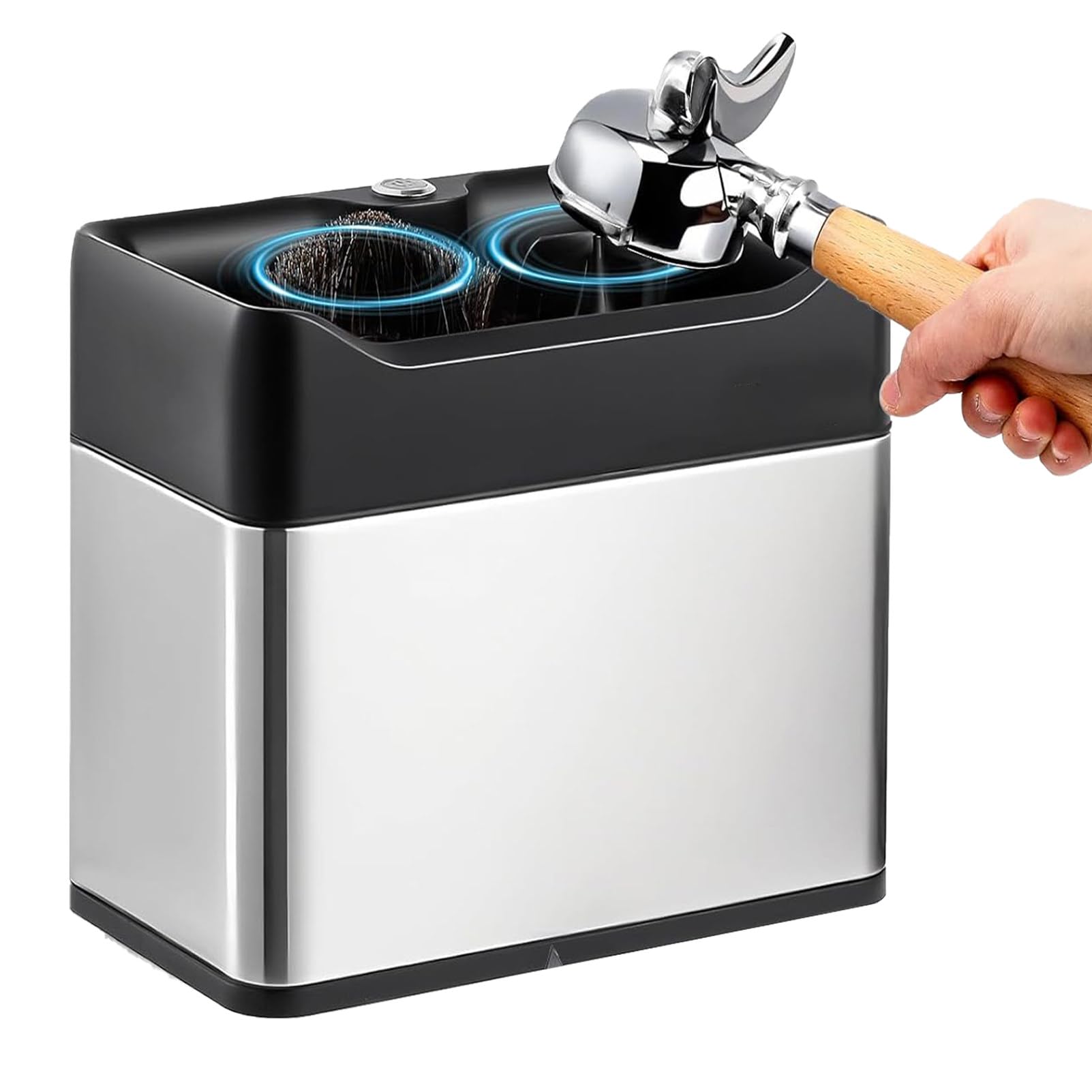 Limpiador de portafiltros eléctrico con Cabezales de Cepillo y Dos raspadores, diseñado para portafiltros de 58 mm (para una o Dos Tazas), Ideal para cafeterías domésticas o comerciales Silver