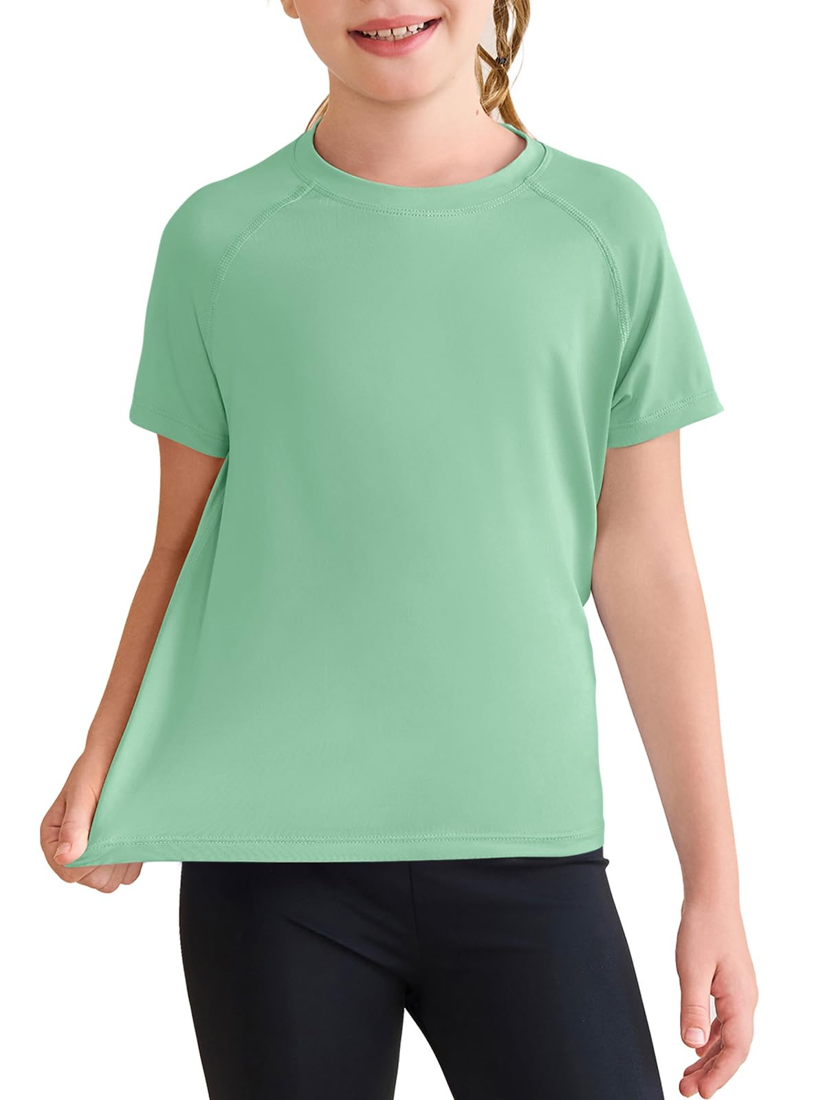Haloumoning Girls Athletic Shirts Short Sleeve Quick Dry T-Shirt Kids Summer Tee Tops 5-14Y Mint Green