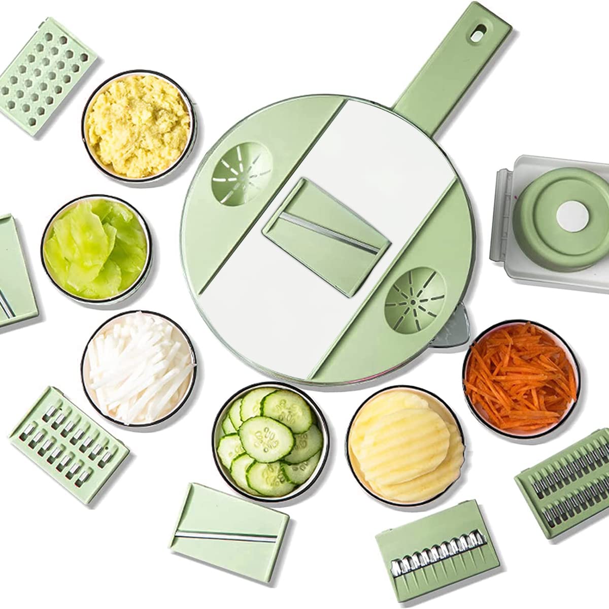 Vegetable Chopper Set 9 in 1, Manual Pro Food Chopper Dicer Fruit Slicer Cutter, All in One Kitchen Grater Food Chopper Garlic Masher Shredder with 2000ml Large Container for Potato Onion Tomato Spice