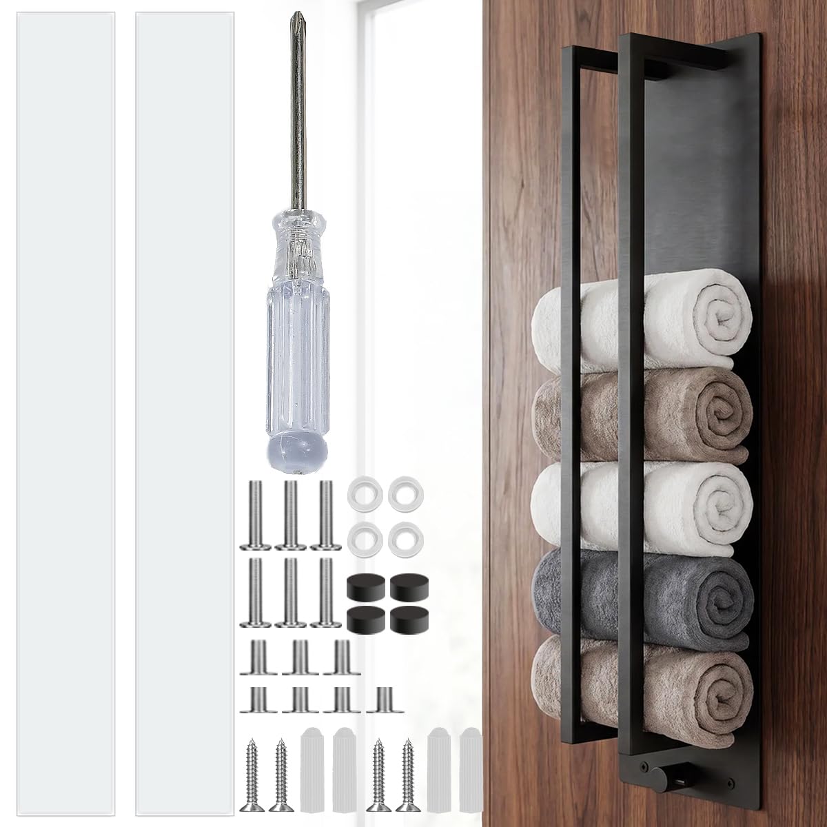 YBCCBY Towel Rack Wall Mounted, Stainless Steel Towel Storage Holder with Shelf Hooks, Self-Adhesive Bathroom Towels Storage Adjustable Towels Bar Holder Space-Saving Cloth Rail for Small Bathroom