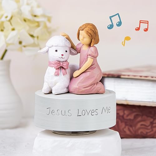 Miniatura 6 de Jesus Loves Me - Caja de música, figura musical de bautismo para niñas con cordero, regalo religioso pintado a mano para bebé cristiano, bautizo,
