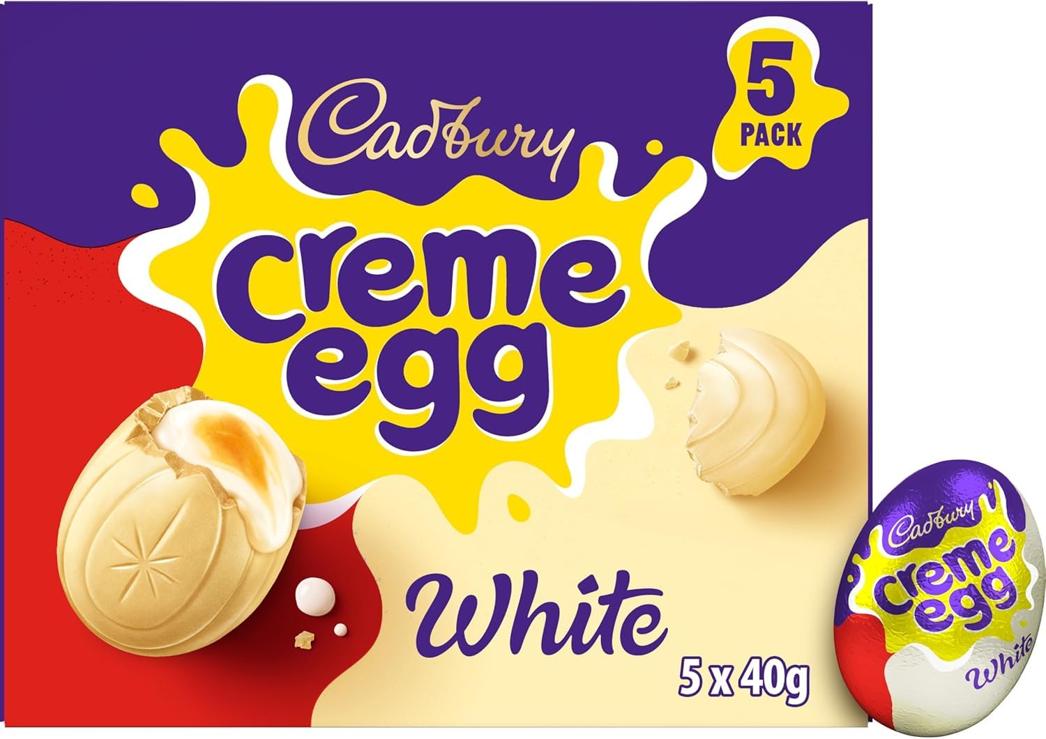Cadbury Dairy Milk White Chocolate Creme Egg, Easter Gift, Multipack of 5 x 40 g (Pack of 1)