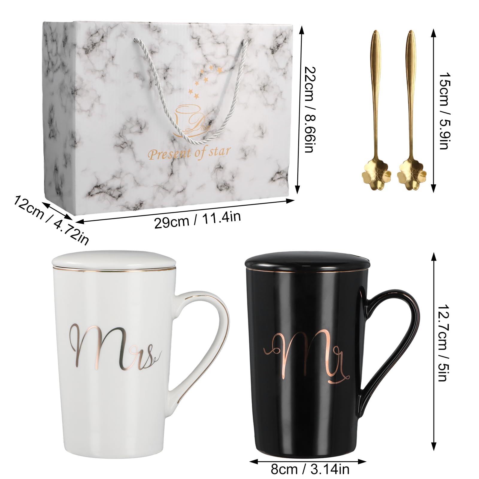 Mr und Mrs - Set di 2 tazze da caffè in ceramica con cucchiaio, regalo per matrimonio, fidanzamento, San Valentino, anniversario, Natale, bianco e nero