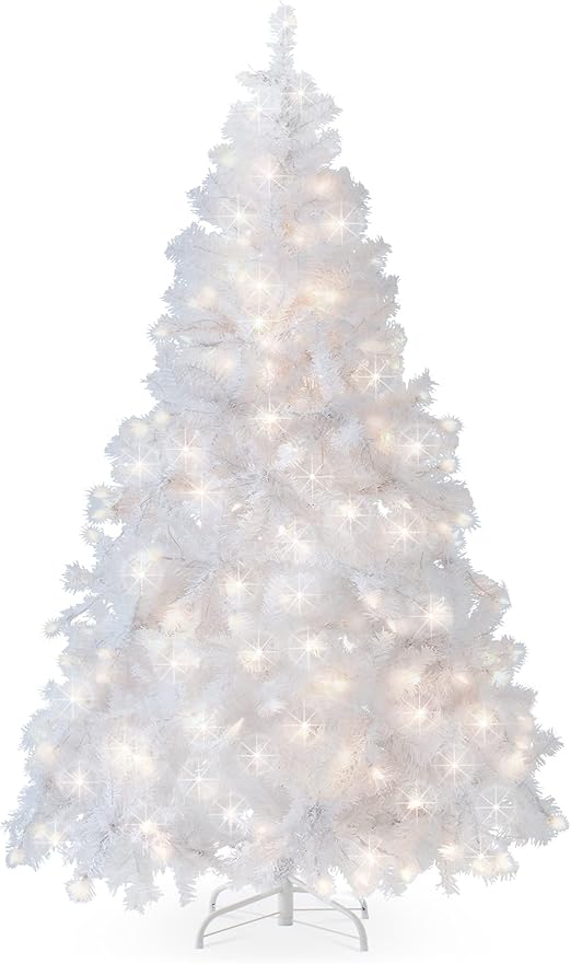 Best Choice Products 6ft PreLit White Christmas Tree, Hinged Artificial Pine Tree