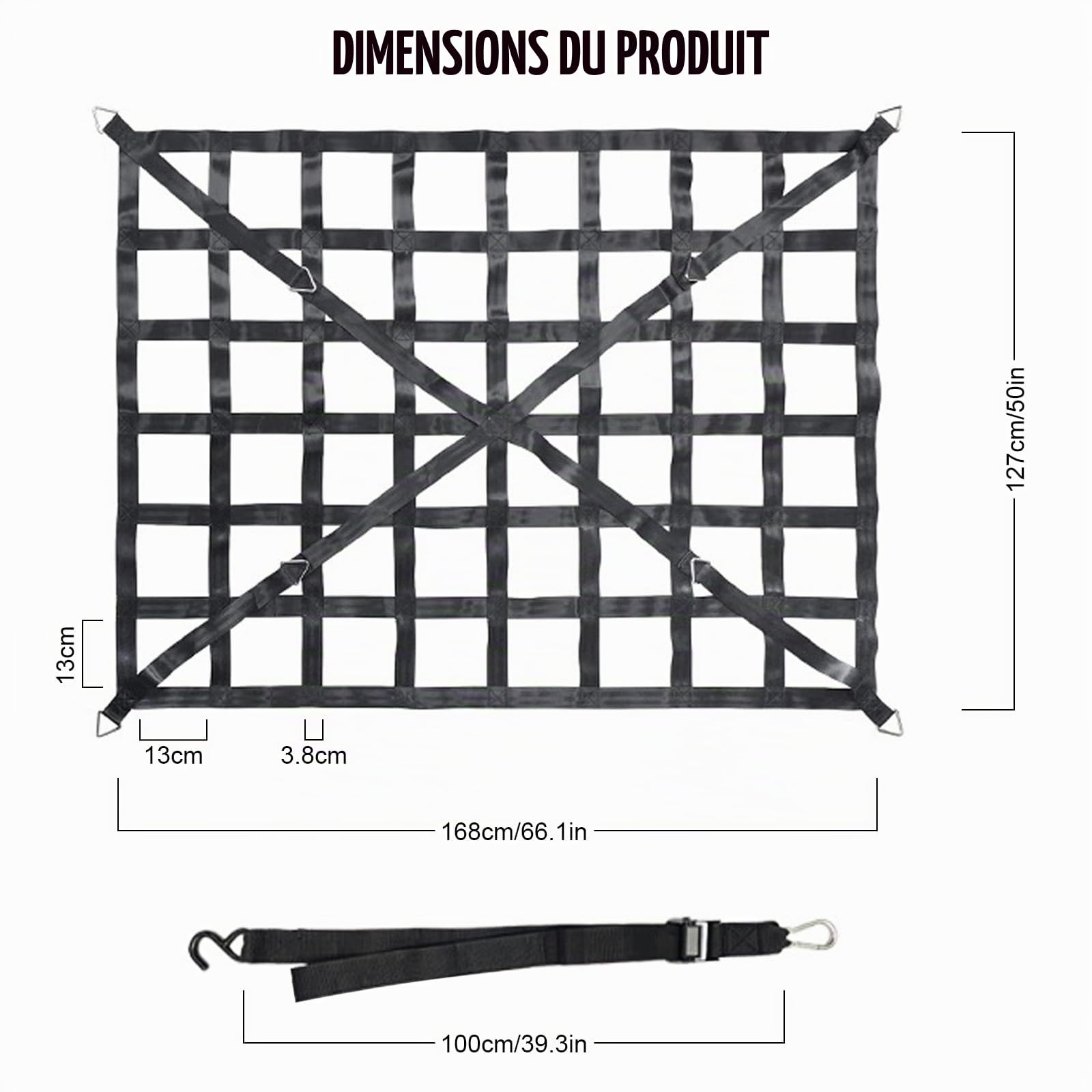 LIROPAU Filet de Chargement pour Pickup Camion Plateau de Chargement | Réglable Filet à bagages lourd pour SUV pickup camion remorque avec 4 sangles fixes et gants (167cm x 127cm)