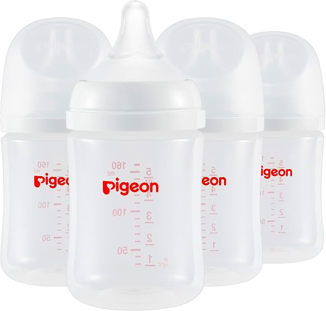 Pigeon PP Nursing Bottle Wide Neck, Streamlined Body, Natural Feel, Easy to Clean, 5.4 Oz(Pack of 4), Includes 4pcs SS Nipples (0m+)