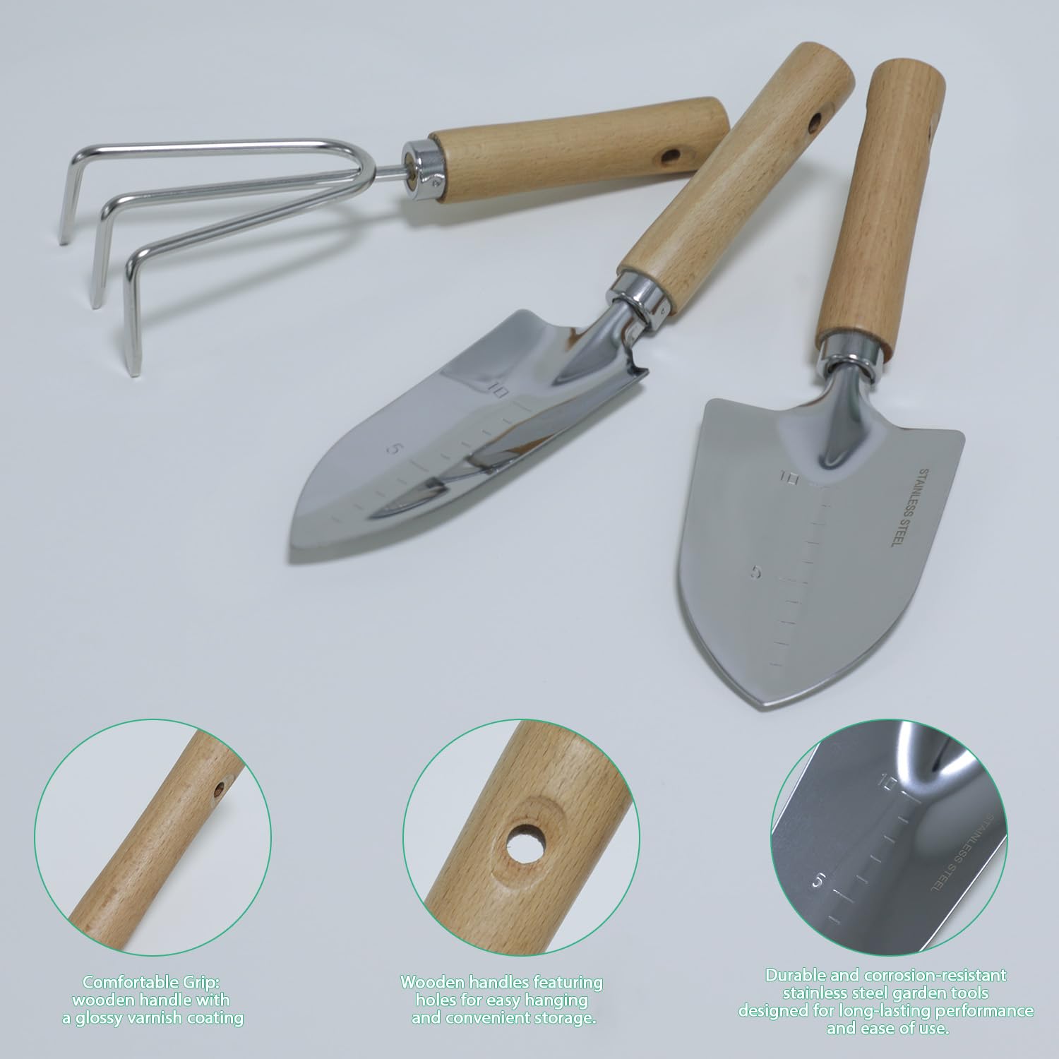 LeMotech Juego de herramientas de jardín, 3 piezas de acero inoxidable, kit de jardinería resistente que incluye paleta transplantadora, cultivador, herramientas manuales de jardinería con mango de