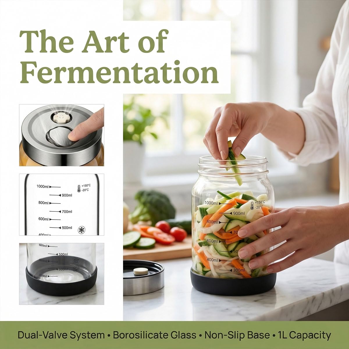 Tarro de Fermentación con Válvula de Ventilación 1L, Tarro Cristal con Tapa 1l para Fermentar, Recipiente Hermético para Kimchi, Vaso de Fermentación para Chucrut pepinos y Encurtidos