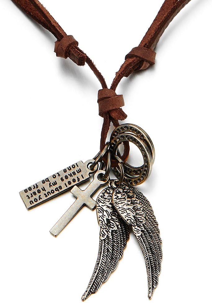 Retro Style Angel Wings and Cross Pendant Necklace for Mens Womens Adjustable Brown Leather Cord