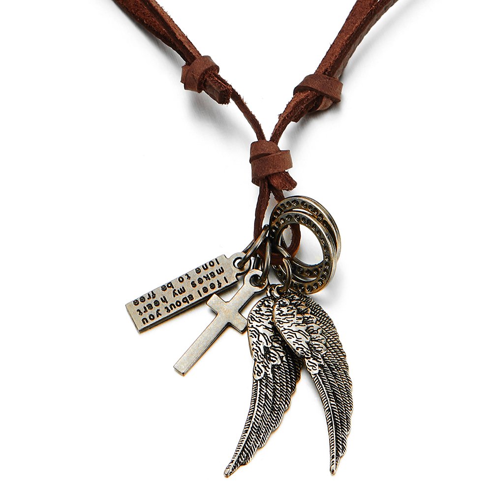 COOLSTEELANDBEYONDRetro Style Angel Wings and Cross Pendant Necklace for Mens Womens Adjustable Brown Leather Cord