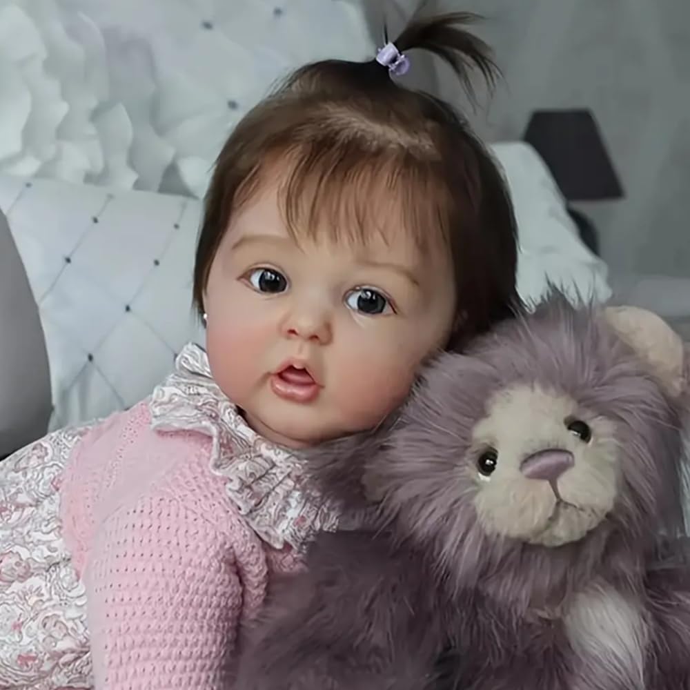 Reborn Baby Mädchen 22 Zoll 55cm, Lebensecht Reborn Baby Vollsilikon Rosa Kleid Mit Spitzenkragen, Weiche Stoffpuppe Mit PlüSchtier, Sammler- Und Spielpuppe Reborn Babypuppe Mit Zubehör