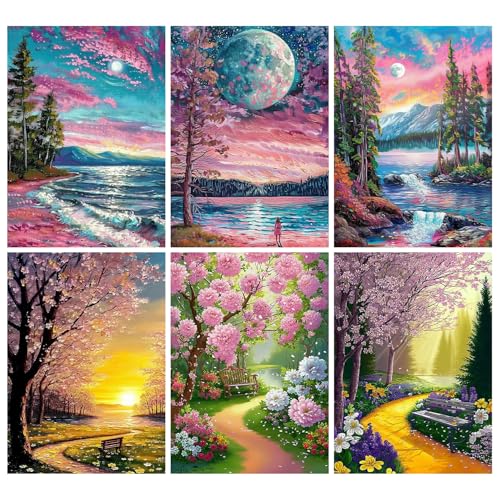Leatrice 6 Pack Landscape Diamond Painting Kits for Adults 5D Diamond Art Kits Gem Art Full Drill Round Diamond Dots for Beginners Women DIY Home Wall Decor 11.8x15.7 Inches