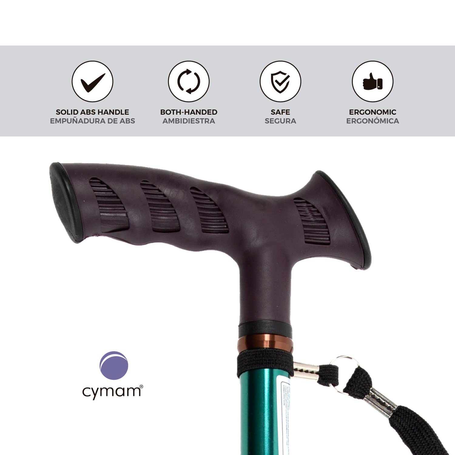 Bastón Ortopédico Regulable en Altura 72-95 cm – Fabricado en Aluminio – Empuñadura Anatómica de Tacto Suave y Ambidiestra con Cinta de Sujeción – Contera Antideslizante 19 mm