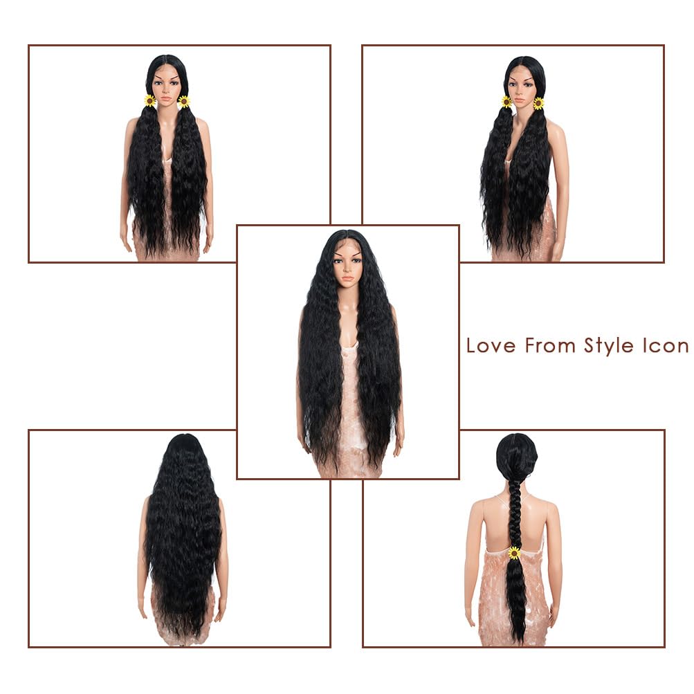 Style Icon 41" Super Long Wavy Wig 13x4 Free Part Bohemian Lace Front Black Color Wig- Heat Friendly Synthetic Hair Wigs with Pre Plucked Hairline