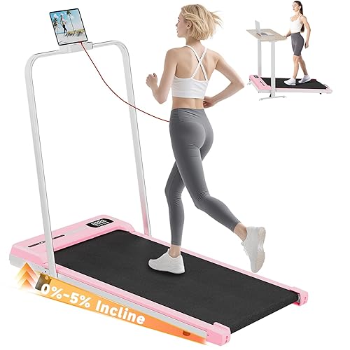 Walking Pad Treadmill with Handle Bar, Walking Pad with Incline 8%, 2.5HP Quiet Under Desk 330 lbs 2 in 1Treadmills for Home and Office Jogging Running Machine, Remote Control and LED Display - Vibrant Pink