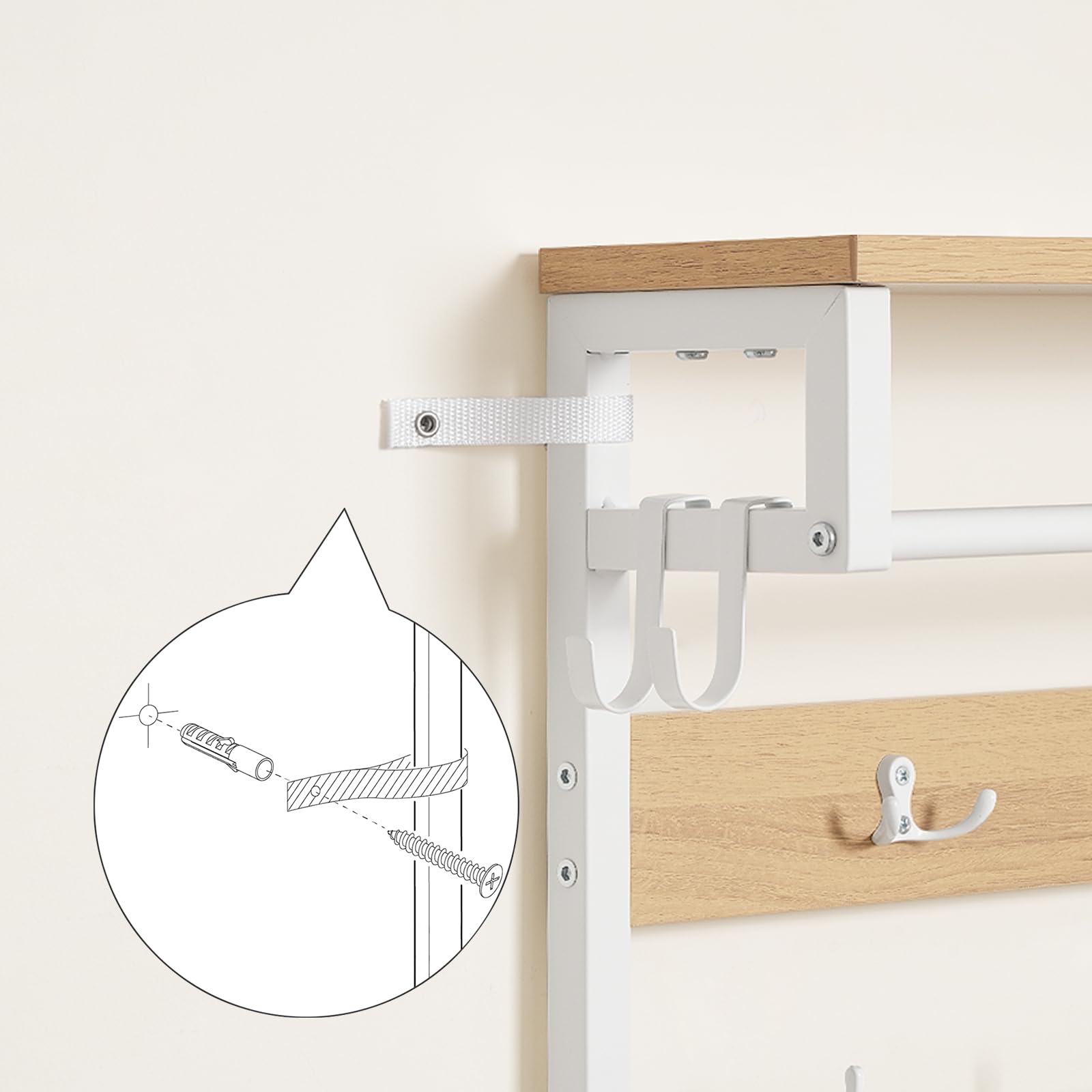 HOOBRO Garderobenständer mit Schuhablage, Schuhregal mit Garderobe, Kleiderständer mit 5 Ebenen Schuhablage, Garderobe mit Schuhschrank, Weiß und Natürliche Holzfarbe EWN75MT01