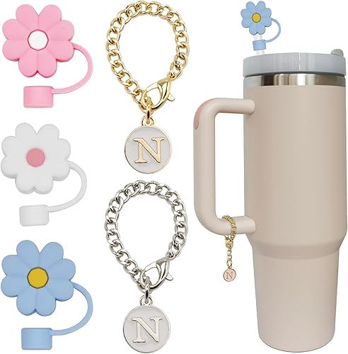 Altally Stanley Cup 3 piezas de 30 y 40 onzas, 0.394 in de silicona con diseño de flores, tapa protectora con 2 dijes de letras iniciales