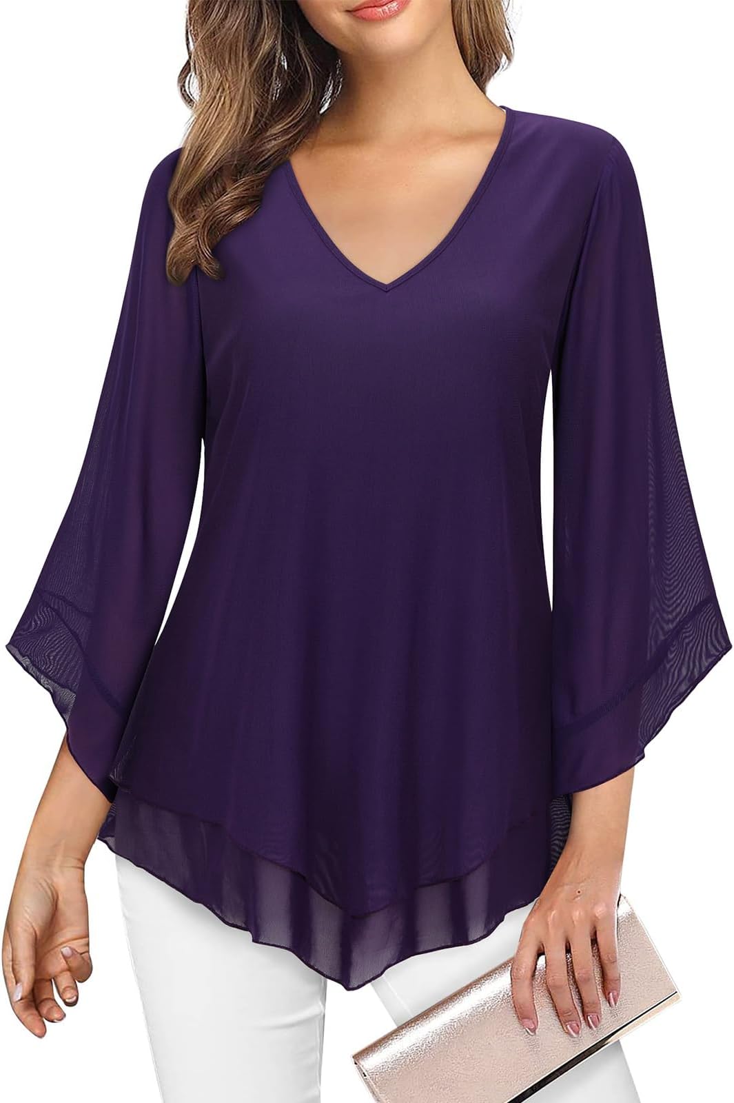Womens Dressy Blouse V Neck Double Layers Elastic Mesh Casual Flowy Work Shirts Ruffle 3/4 Flared Sleeve Tunic Tops