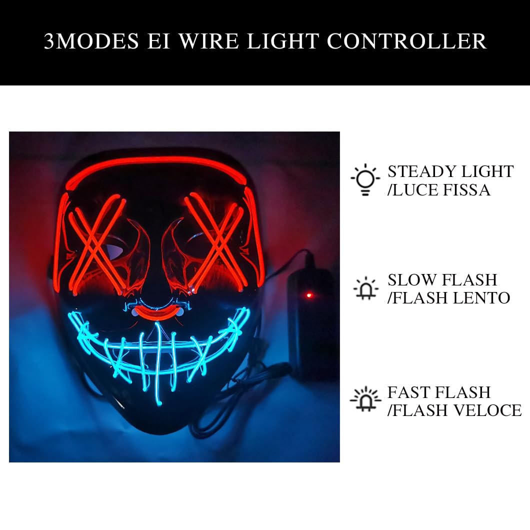 Octonyluck Maschera di Halloween,Halloween Maschera LED per Carnevale,Maschera Purge Divertente,3 modalità di illuminazione，Maschere per Cosplay per uomini e donne,Halloween Festa