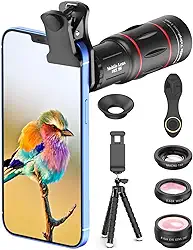 APEXEL Kit de fotografia de telefone 4 em 1, lente teleobjetiva 18X, lente olho de peixe de 198°, lente macro 15X, lente grande angular de 0,63x, conjunto com tripé de telefone flexível, para iPhone