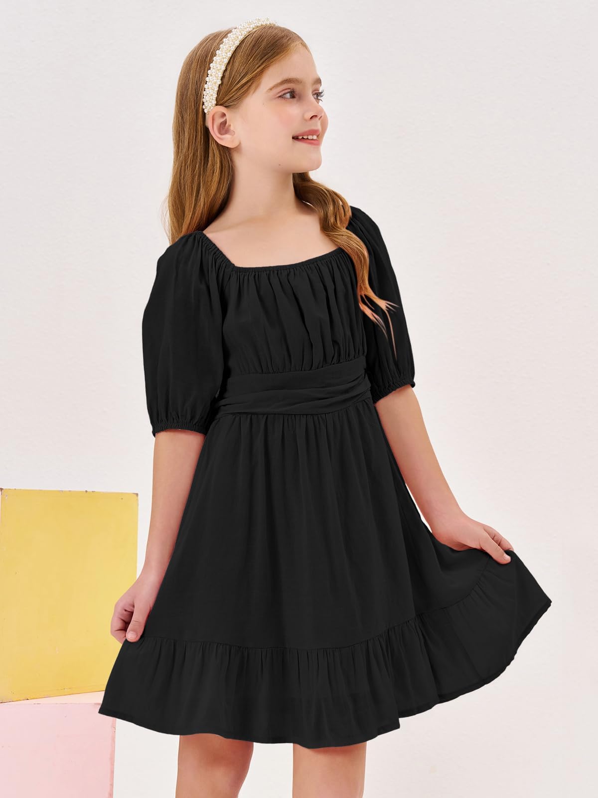 Haloumoning Mädchen Sommerkleider Kurzarm Quadratischer-Ausschnitt Schnürung Rückenfrei Rüsche A-Linie Party Minikleid