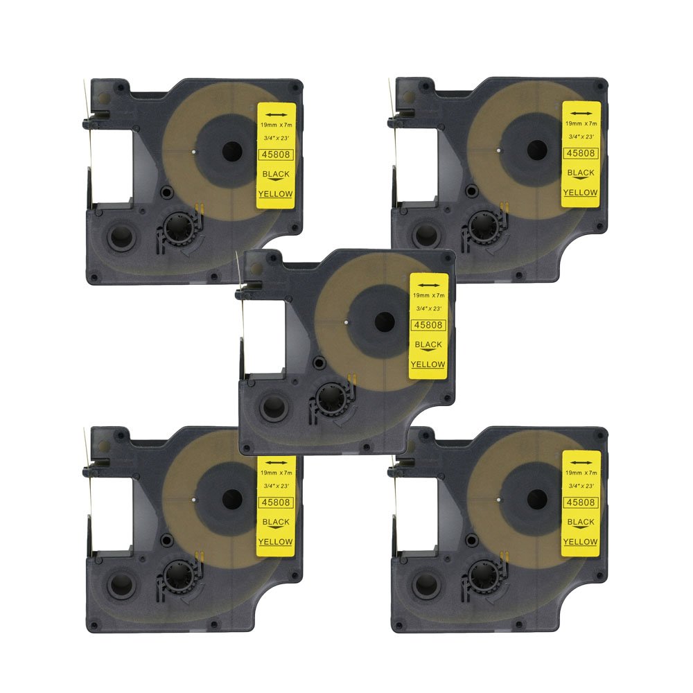 BROVACS 5 Pack Black on Yellow Label Tape Compatible for DYMO D1 45808 19mm 3/4" OPA2308x5