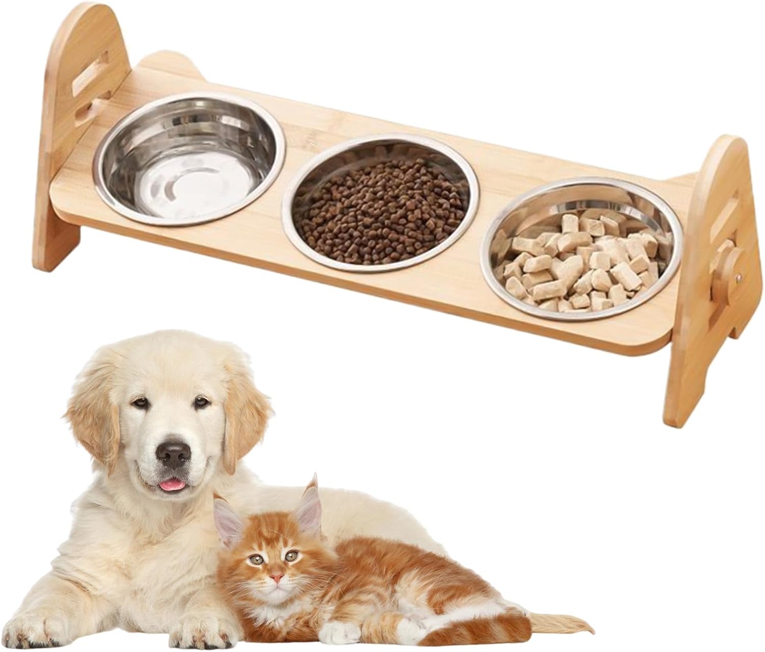 Cat Food Bowl Stand, Tilted Elevated Feeding Station with 3 Stainless Steel Bowls, Adjustable Cat Dish Holder for Home, Kitchen, Bedroom, Dining Area, Promotes Comfortable Eating, Healthy