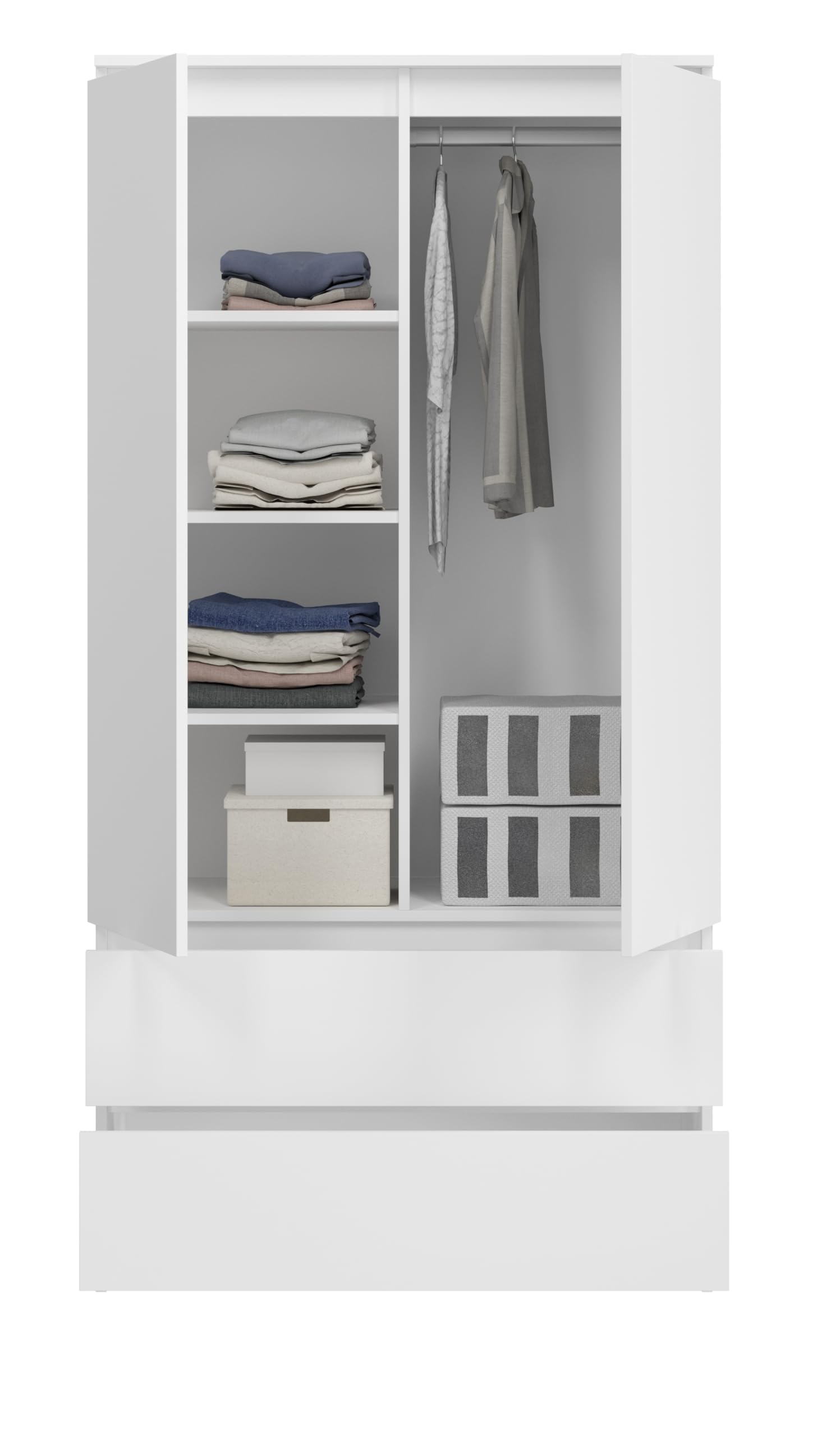 BDW Monia Armadio con 2 ante e 2 cassetti, opaco, 4 ripiani, guide a rulli in metallo, per camera da letto, guardaroba, ufficio (bianco, 180 x 90 x 50 cm)