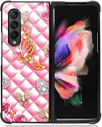 DJSOK Funda compatible con Samsung Galaxy Z Fold 3 5G, diseño de mariposa de amor y oro rosa con diseño de mariposa y funda protectora de silicona