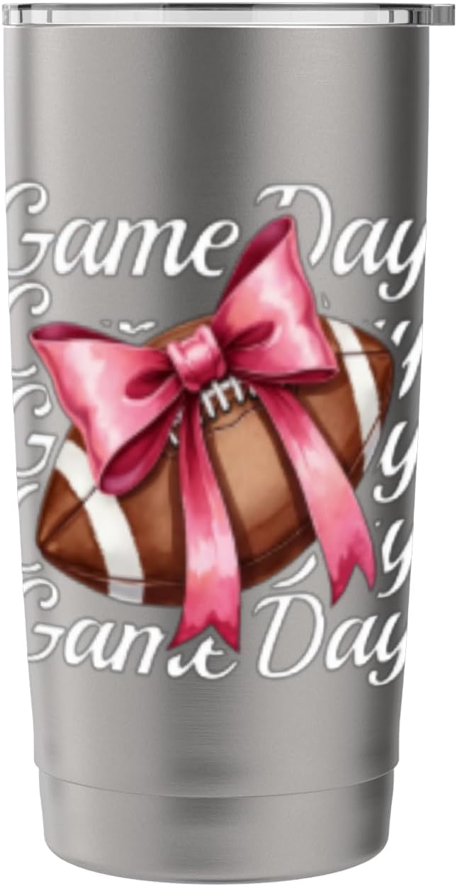 Cheer Fall Football Mom Retro Pink Game Day Croquette Bow Stainless Steel Insulated Tumbler image 3