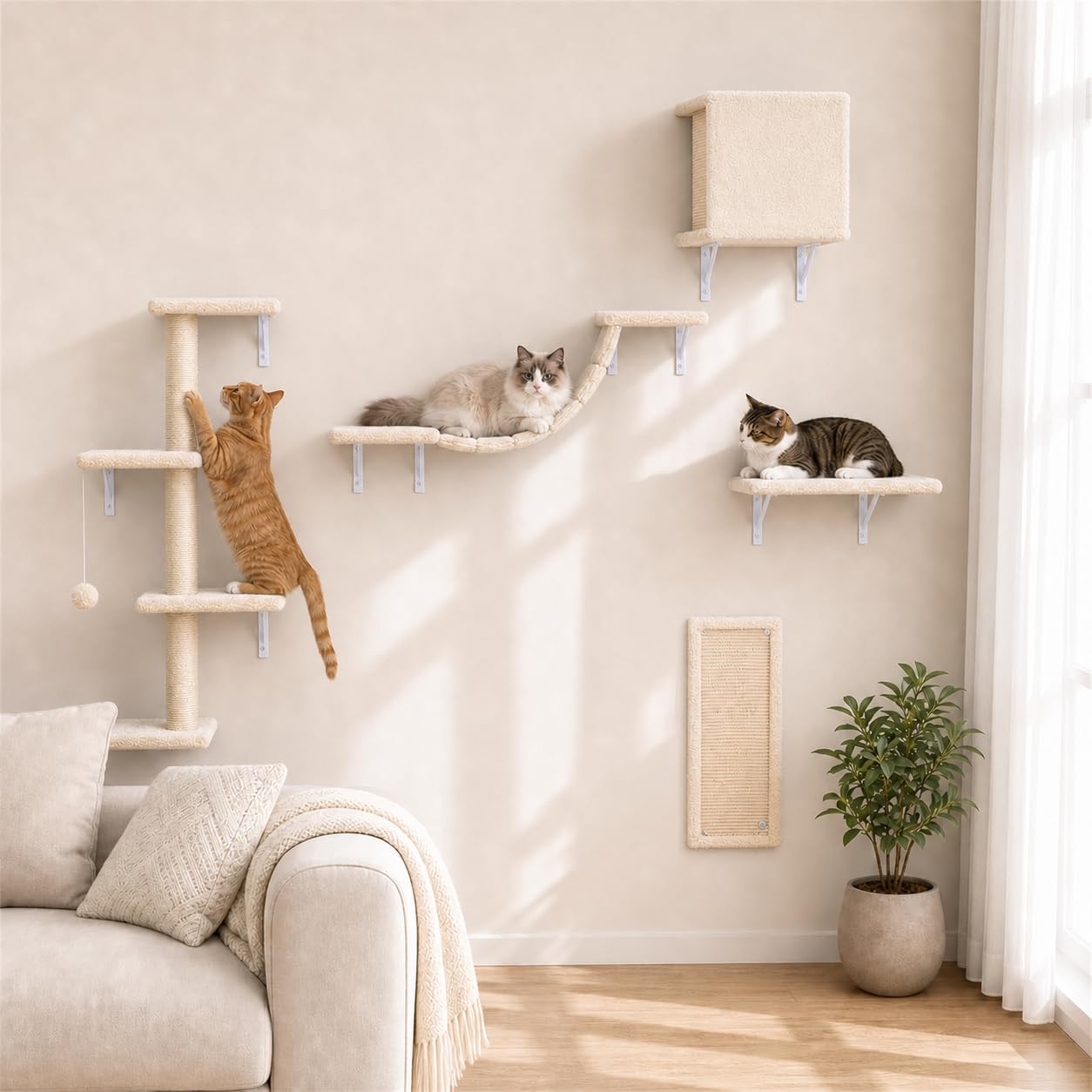 Photo 1 of Modern Wall-Mounted Cat Furniture - 5pcs Cat Wall Shelves, Wooden Climber Includes House, Bridge, Tree, Steps, and Scratcher