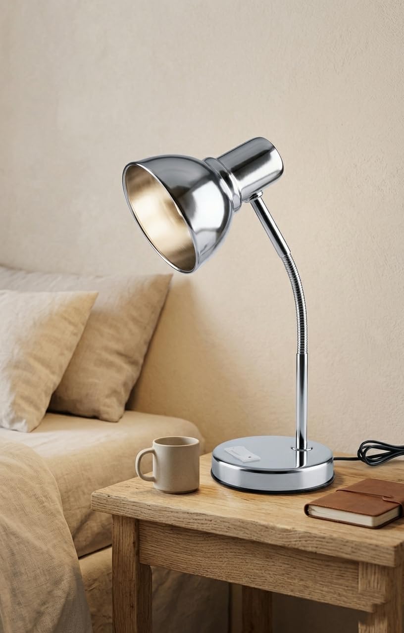 Chrome Metal Desk Lamp with Flexible Gooseneck, Round Base, B22 Brass Holder, All Metal Body, 18 Inch Height, Silver Finish, Perfect for Kids Study, Reading, Bedroom, Night Light (Bulb not Included)-image-33