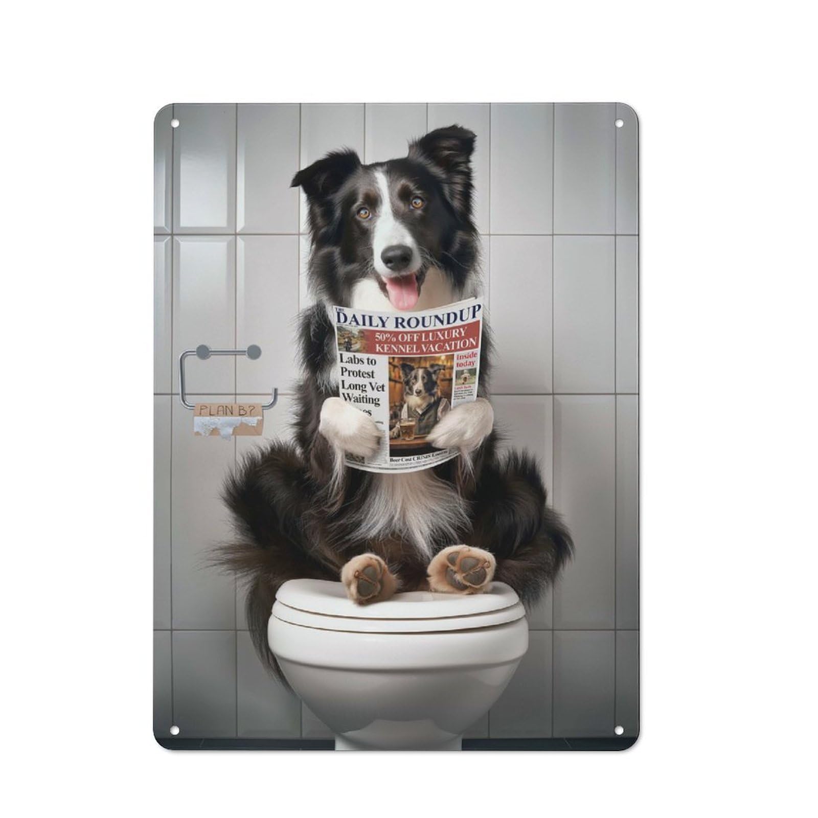 Retro Border Collie on Toilet Metal Wall Plaque 40x30cm, Nostalgic Wall Art for Living Room, Hallway, Kitchen Or Cafe