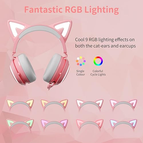 Miniatura 2 de Auriculares Rosa para Juegos GS510, Con Cable, Sobre la Oreja, Diseño de Orejas de Gato con Iluminación RGB, Sonido Envolvente 7.1, Micrófono