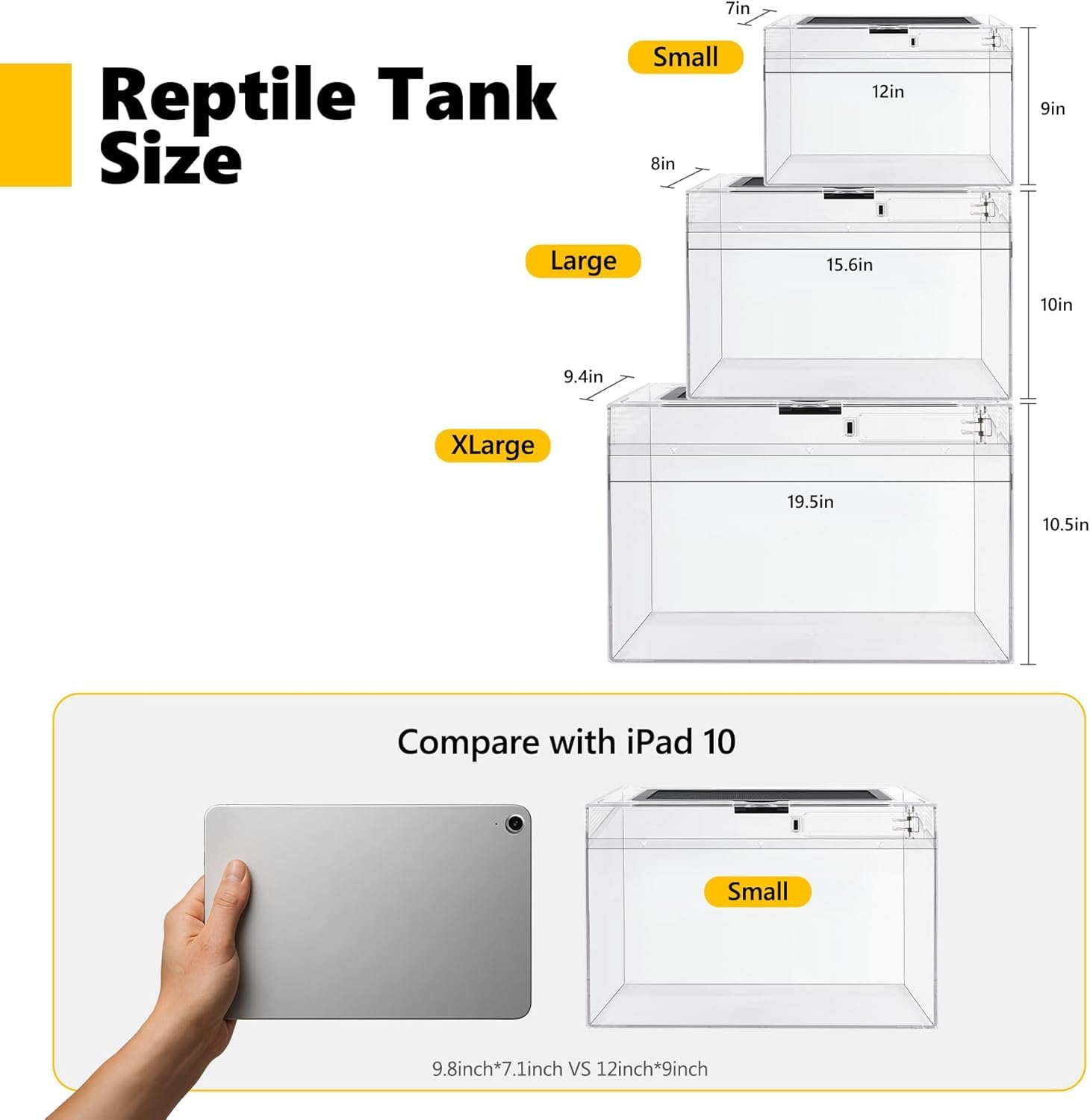 Terrario grande para reptiles, 12 x 7 x 9 pulgadas, puerta corrediza, jaula de ventilación para lagartos, gecos, cangrejos ermitaños con higrómetro, cueva oculta, cuenco, pinzas, pulverizador