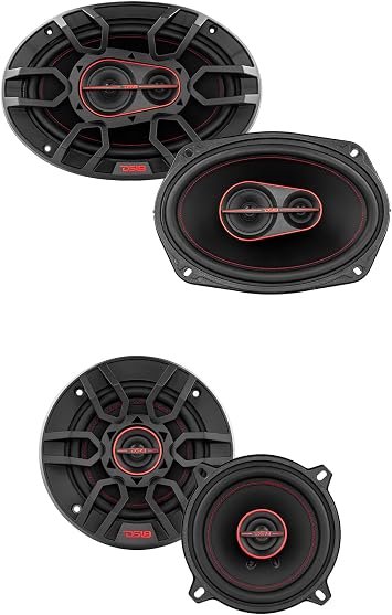 DS18 Car Audio Bundle - 2x Coaxial 6x9 3-Way and 2x Coaxial 5.25" 2-Way Speakers - 4 Ohm - Grills Included - Full Range Car Door Speakers with Mylar Dome Tweeters