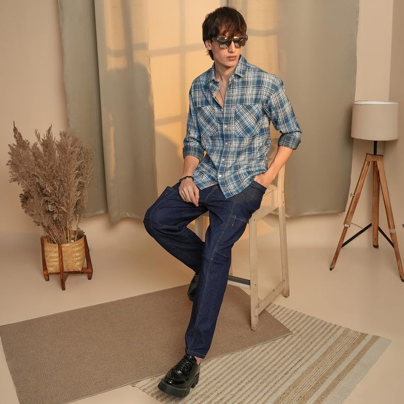 Image of CAHOOT Men's Gingham Shirt | Casual Wear | Spread Collar | Long Sleeve | Button Closure | Shirt Crafted with Comfort Fit for Everyday Wear
