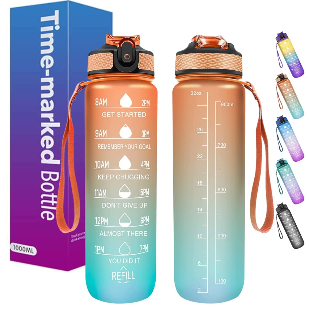Buy Sport Water Bottle 1L / 32oz with Motivational Time Marker Straw