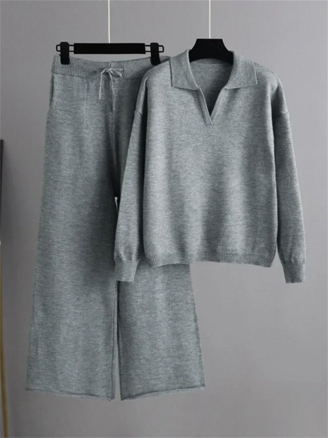Haitpant 2 Pezzi Set Donna Oversize Tuta Polo Collare Maglione E Pantaloni Dritti Maglia Pullover Set Maglione Suit