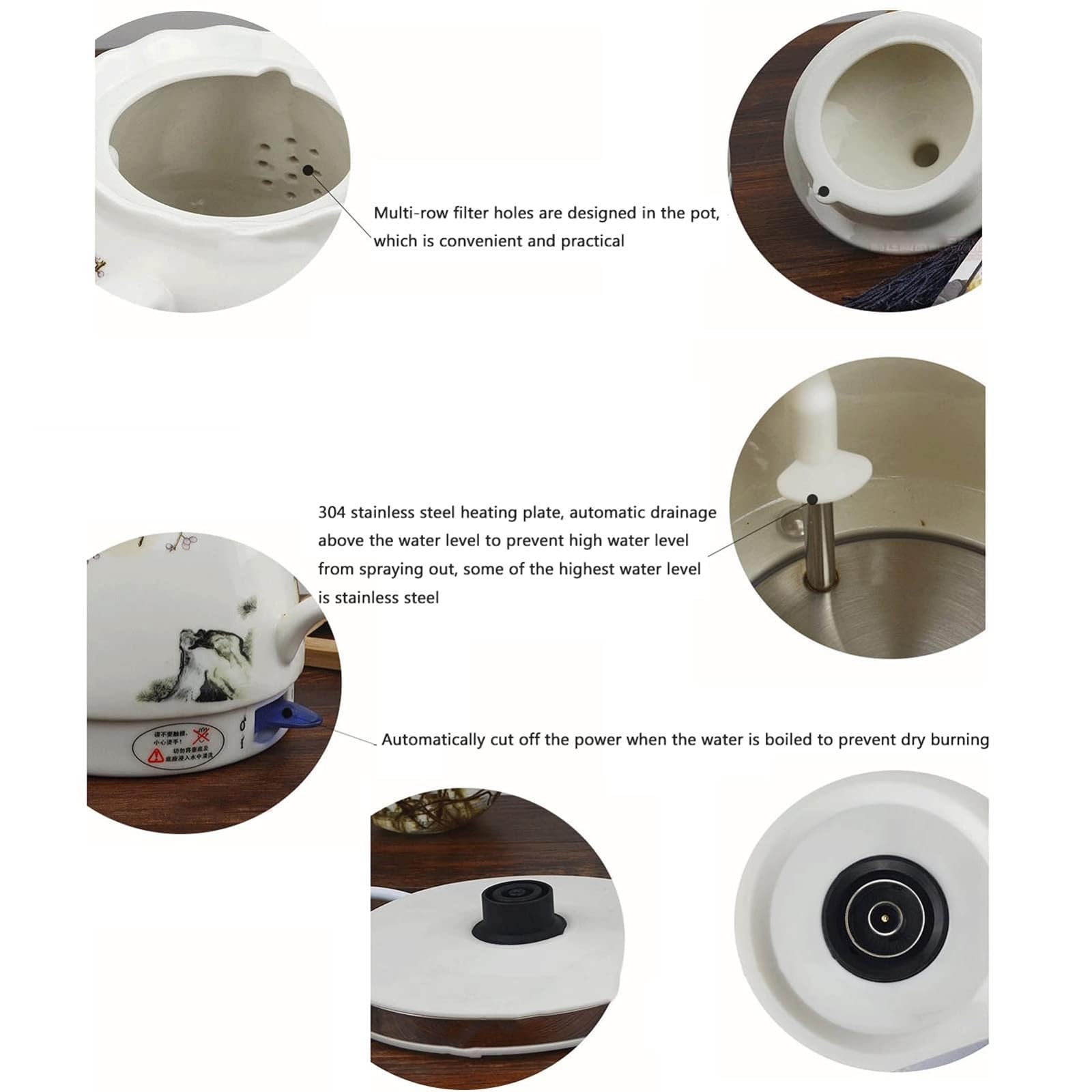 002 Bezprzewodowy ceramiczny czajnik elektryczny z niebieskiej i białej porcelany do herbaty, kawy, zupy i płatków owsianych