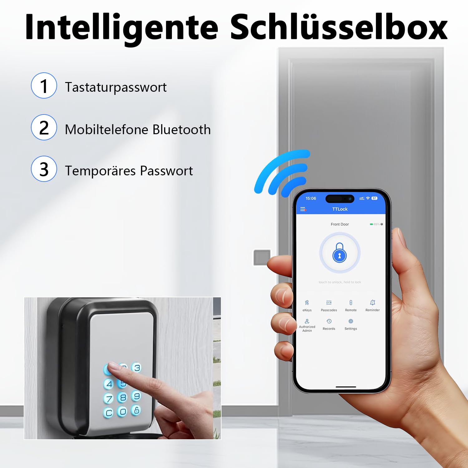 Cassetta portachiavi intelligente, elettronica con codice numerico esterno, Bluetooth a parete con numeri a 6 cifre, impermeabile, cassaforte per casa, garage, appartamento, vacanze